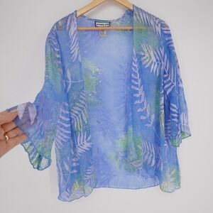 Simply Silk Jacket Womens M Blue Sheer Kimono Ruffle Chiffon Floral Open Flowy